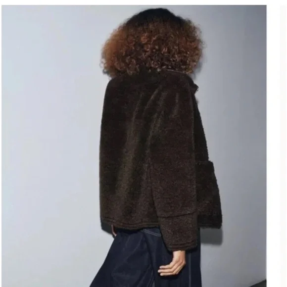 Zara NWT faux shearling double faced jacket dark brown ZW Collection 3548/242 - Picture 3 of 13